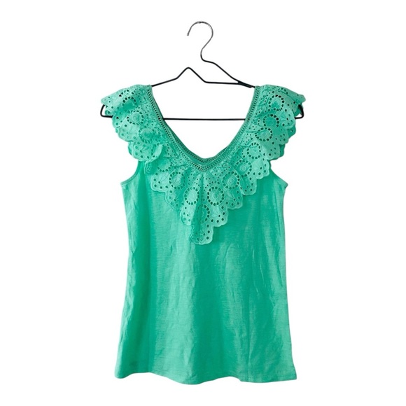 Lilly Pulitzer Plaza Top Green Sleeveless Ruffled Eyelet Collar Tank Size Small - Picture 4 of 8